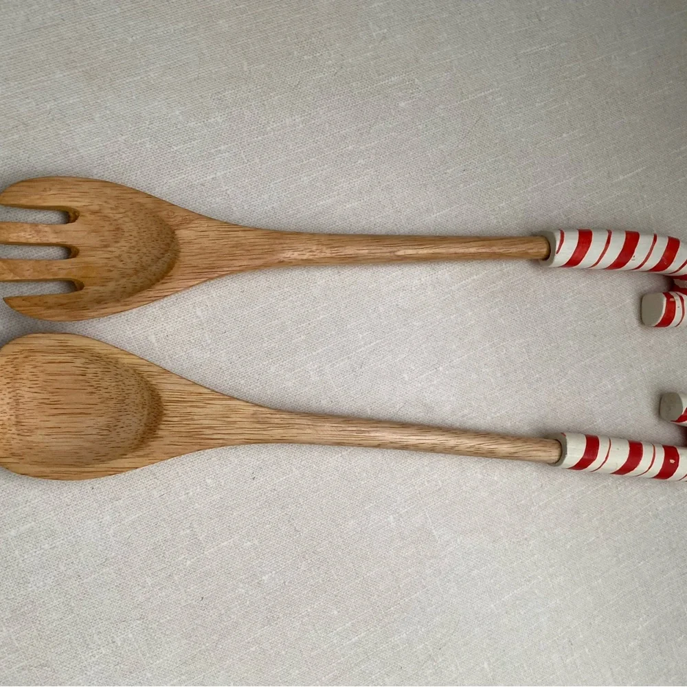 Vintage Christmas Wooden Salad Servers spoons with‎ Candy Cane Handles